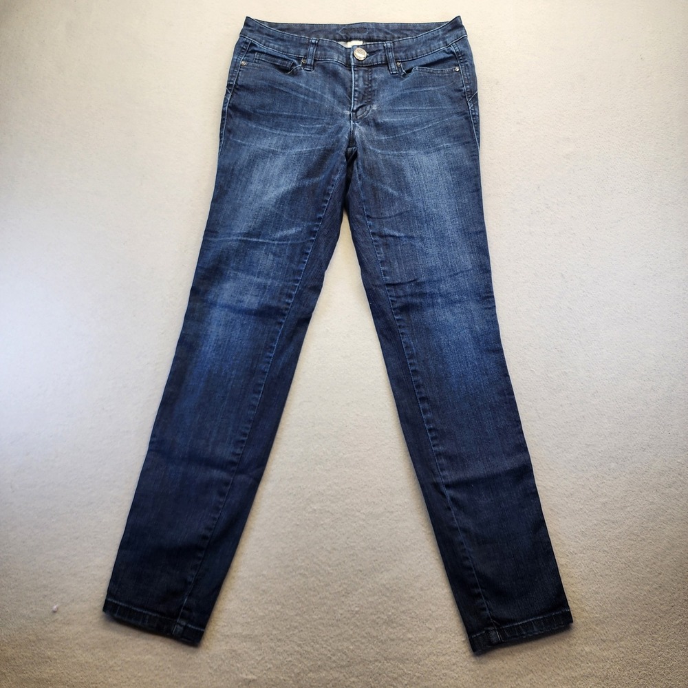 Cache Dark Wash Skinny Jeans Women Size 4 Stretch Denim Rhinestone Button Blue